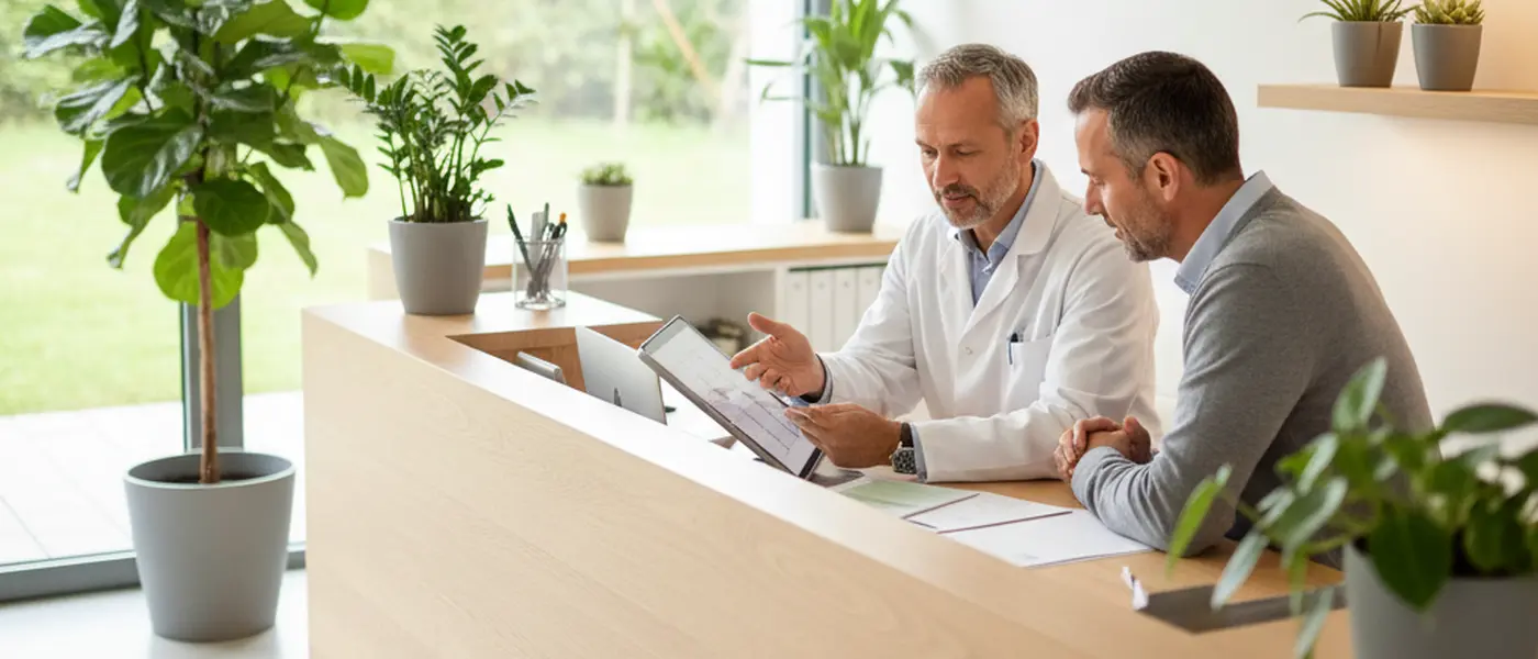 [Médecin généraliste](/fr/magazine/medecins/medecin-generaliste-autour-de-moi) français expliquant un bilan de santé à un patient dans un cabinet moderne
