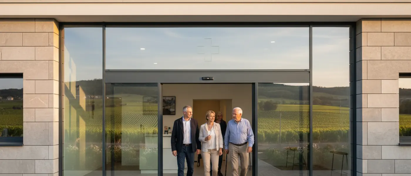 Façade d'une maison de santé pluriprofessionnelle en France avec des patients entrant dans le bâtiment