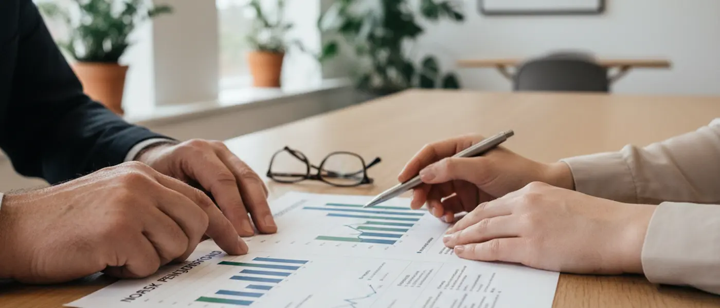 Norsk mann diskuterer finansdokumenter med en profesjonell rådgiver på et moderne kontor i Bergen