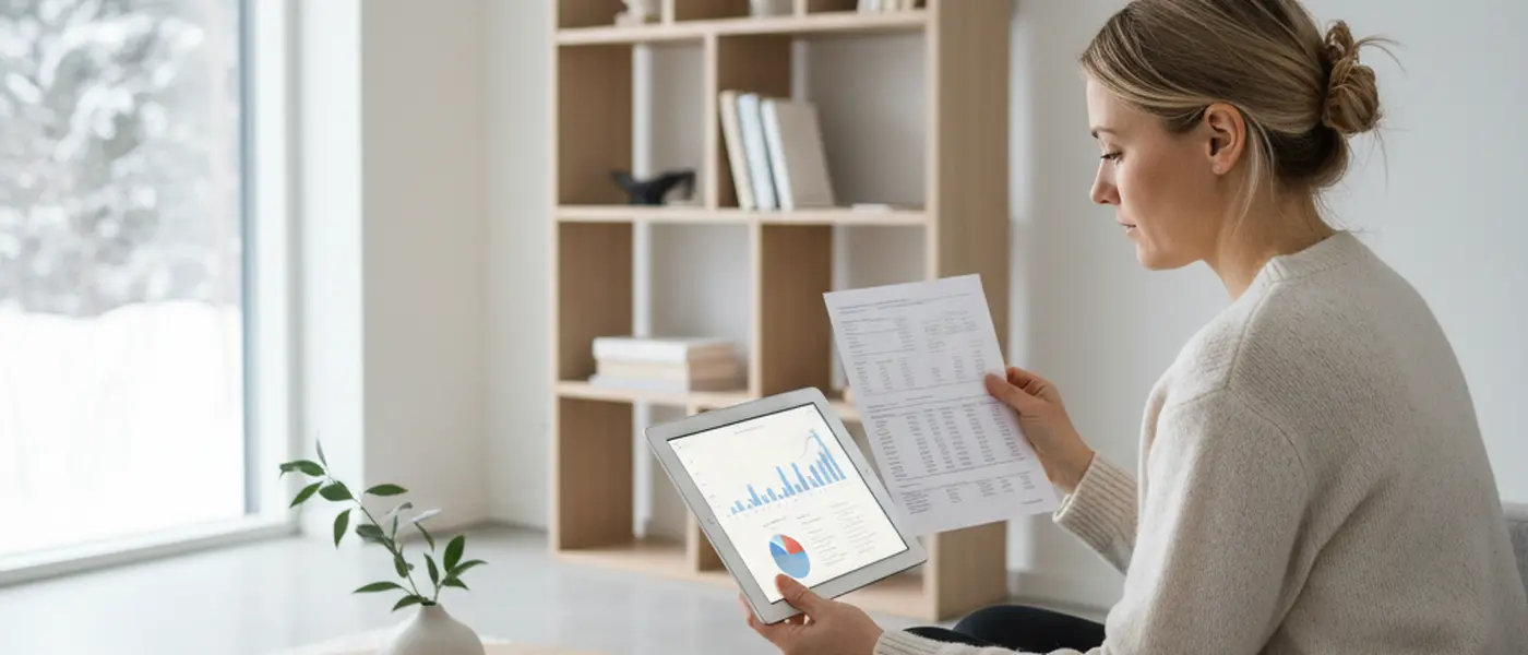 Kvinne sammenligner investeringsfond på et nettbrett i en skandinavisk stue