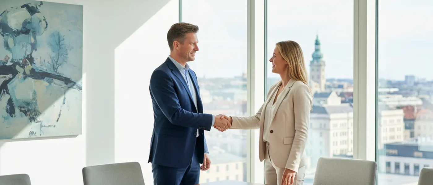 Norsk mann diskuterer økonomiplan med en finansrådgiver på kontor med dagslys