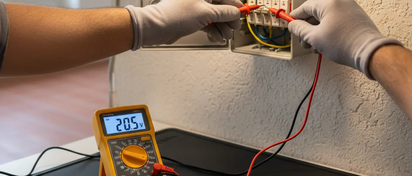 Elettricista utilizza un multimetro per testare i cavi in una cassetta di derivazione domestica