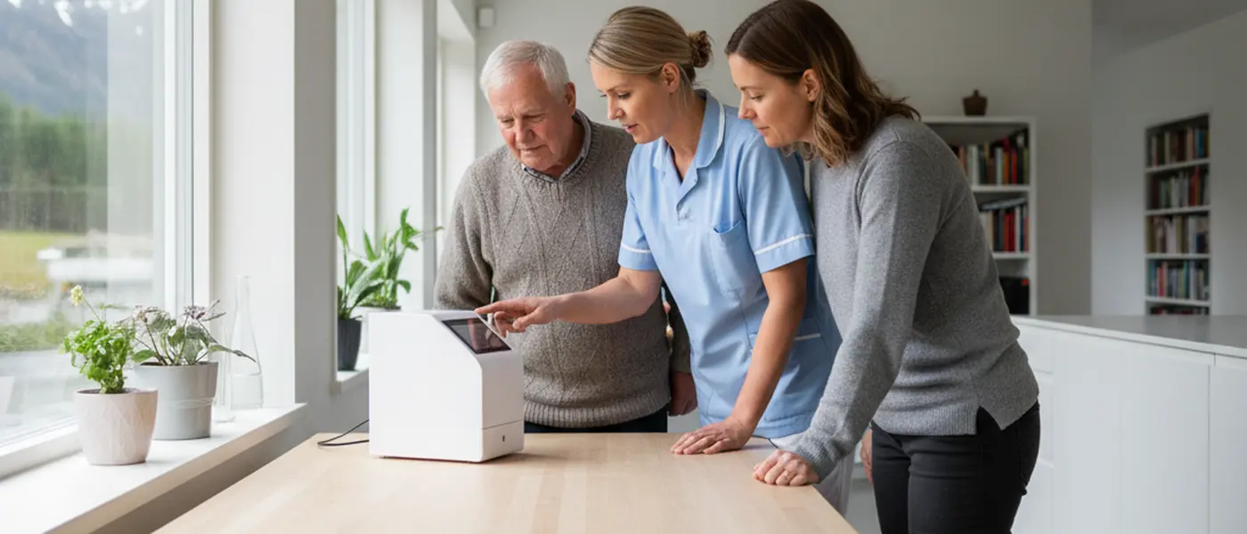 Sykepleier demonstrerer en digital medisindispenser for en eldre mann og hans datter ved kjøkkenbordet