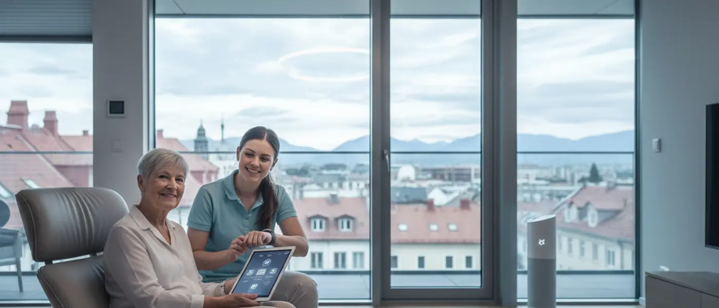 Eldre norsk kvinne trykker på trygghetsalarm i en lys skandinavisk stue