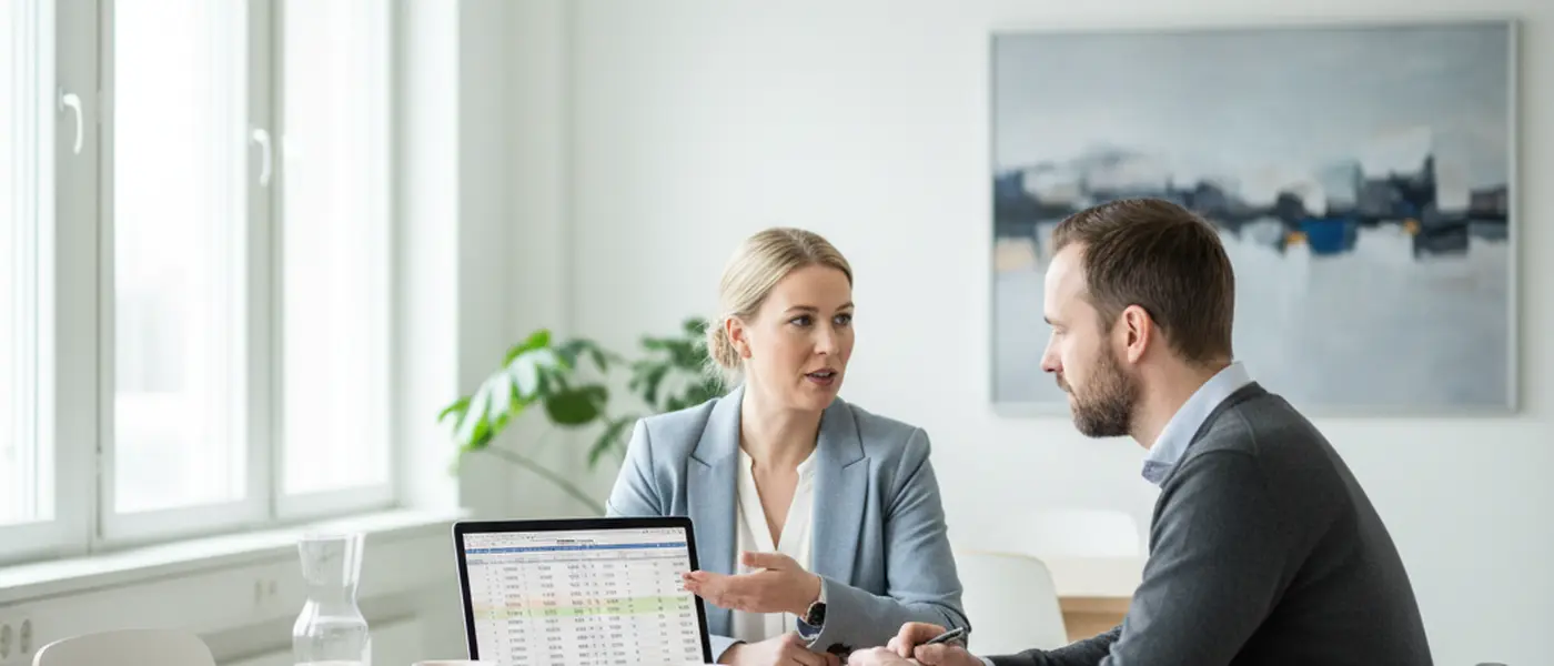 Yrittäjä ja kirjanpitäjä keskustelevat taloudesta toimiston neuvottelupöydän ääressä Suomessa