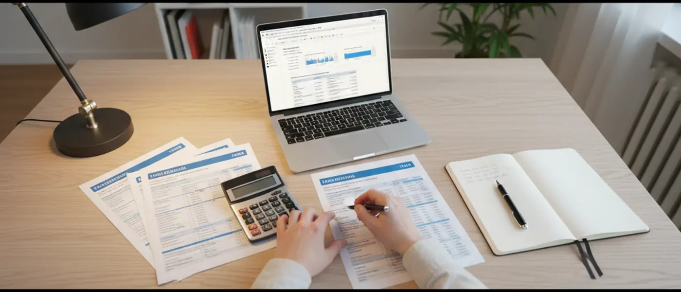 Kirjanpitäjän kädet työskentelevät talousasiakirjojen parissa pöydällä, laskuri ja kannettava tietokone näkyvissä