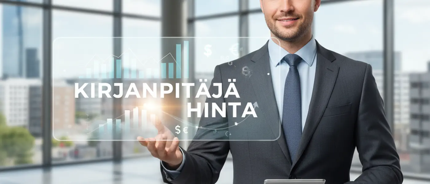 Suomalainen kirjanpitäjä tarkistaa talousasiakirjoja modernissa toimistossa koivupuisella työpöydällä