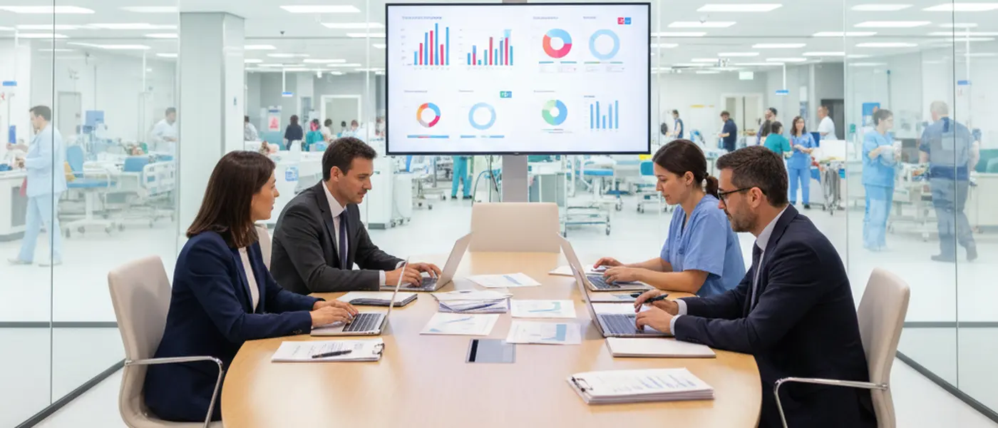 Equipa de gestão hospitalar reunida numa sala de conferências a analisar dados de desempenho num ecrã