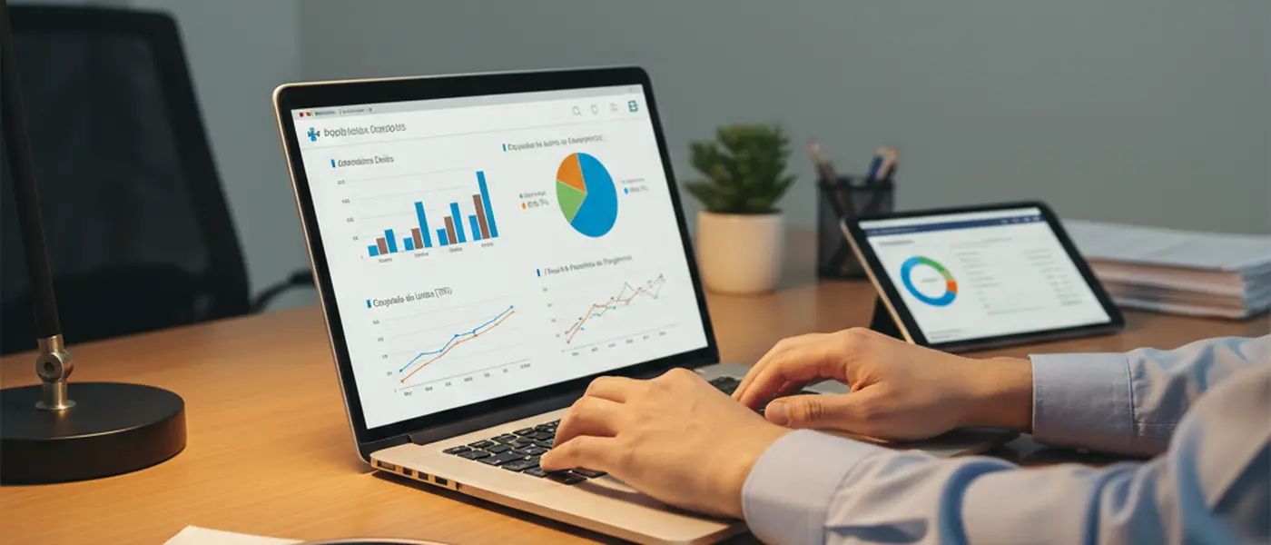 Mãos a trabalhar num portátil com painel de gestão hospitalar e relatórios médicos sobre a secretária