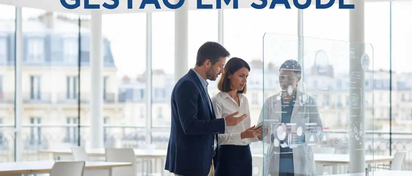 Gestora de saúde a percorrer um corredor de hospital público português ao lado de um médico