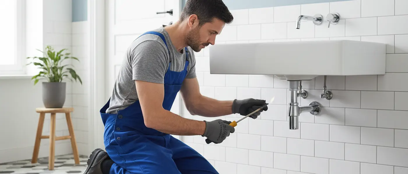 Artisan plombier installant des tuyaux en cuivre sous un lavabo de salle de bain moderne