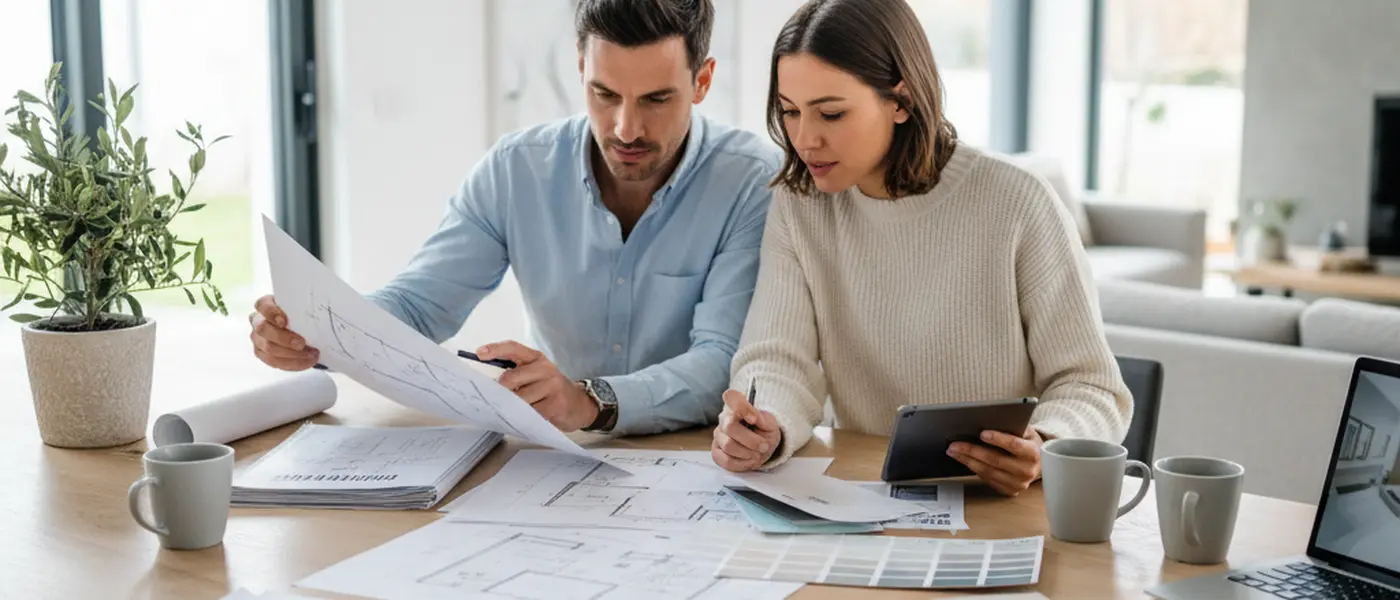 Couple français consultant des devis de rénovation avec des échantillons de carrelage sur une table