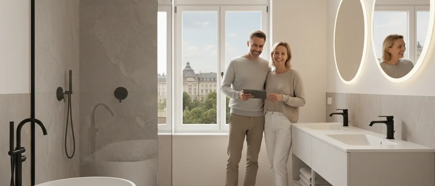 Artisan français mesurant des carreaux dans une salle de bain en cours de rénovation avec des équipements modernes