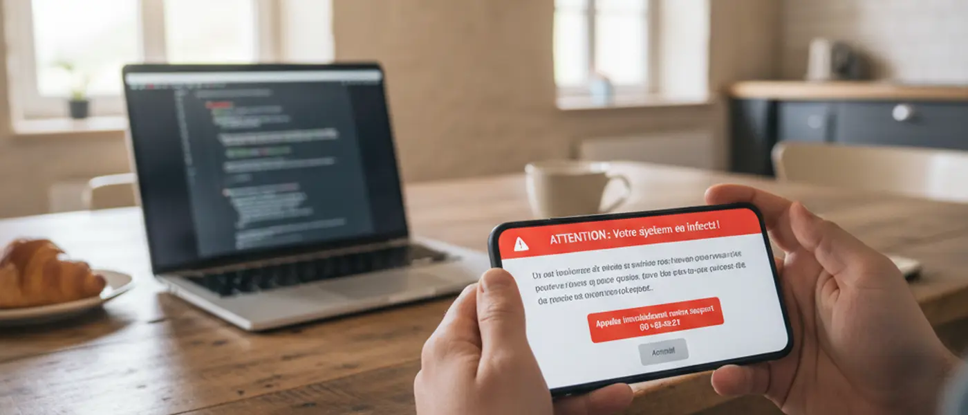 Écran de smartphone affichant une fausse alerte de support technique, posé sur une table de cuisine