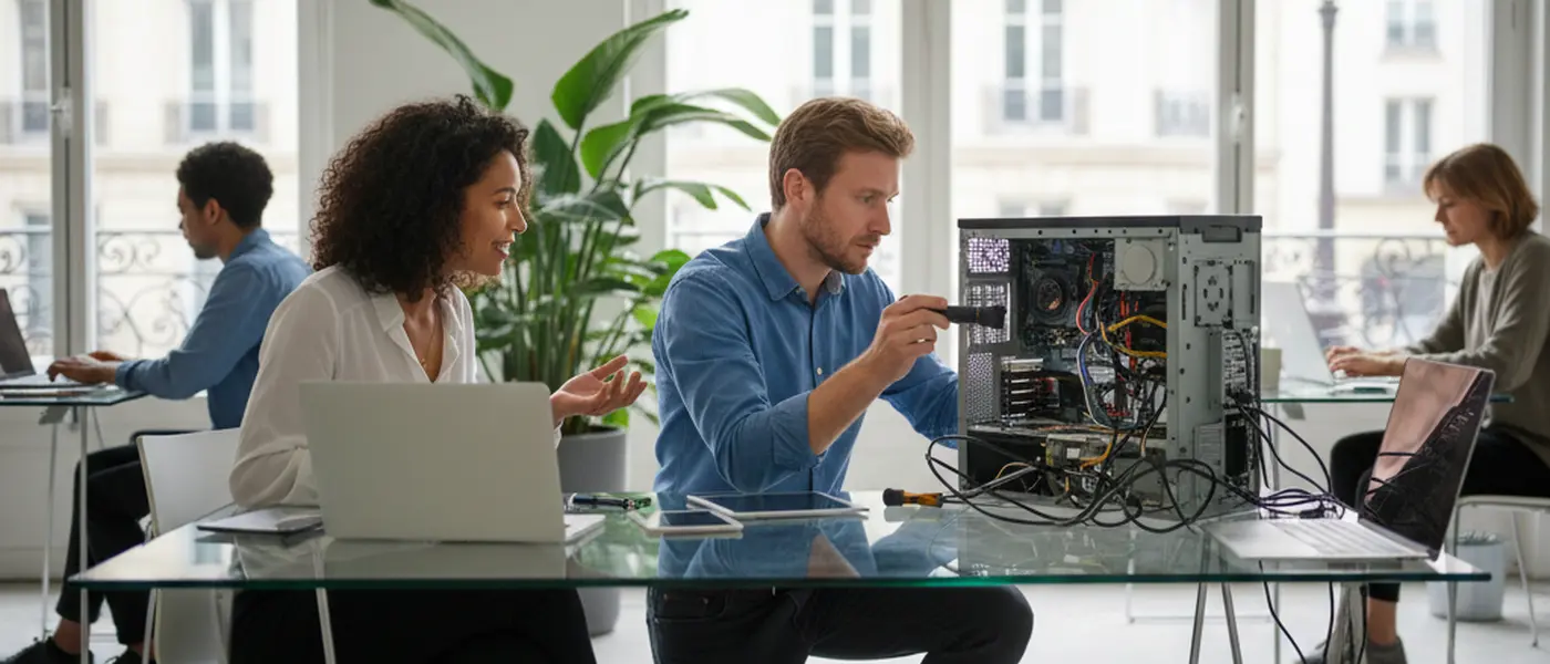 Femme en tenue professionnelle face à un écran bleu sur son ordinateur de bureau dans un open space moderne