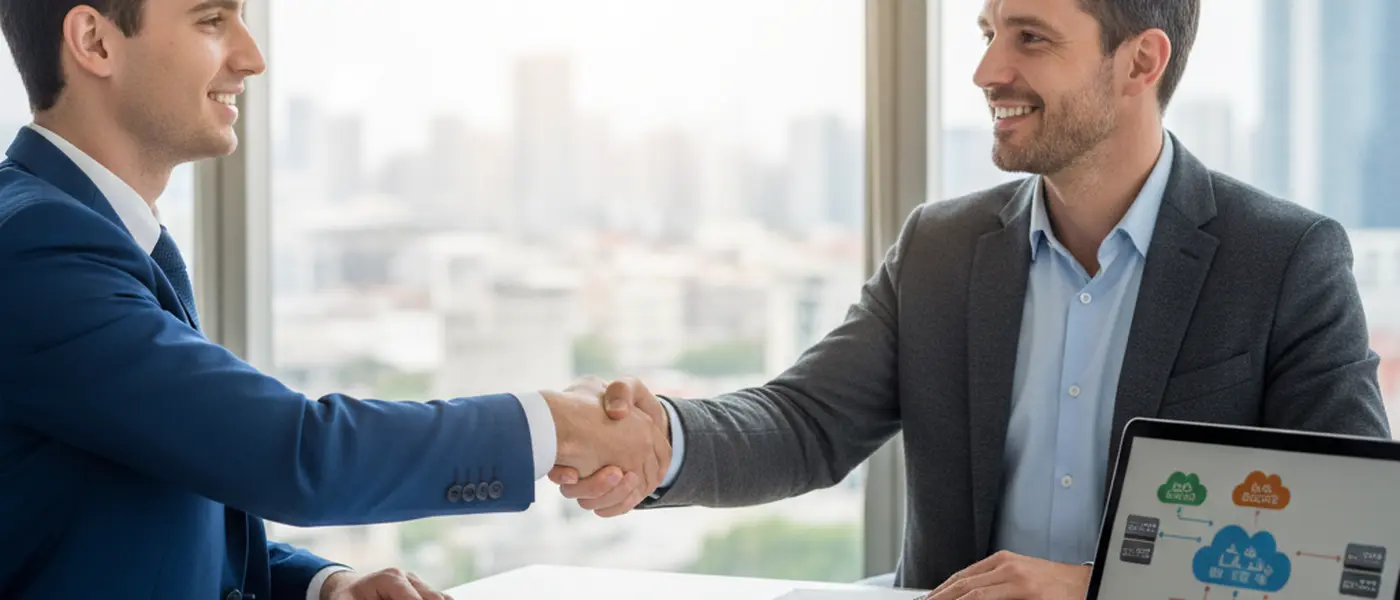 Consulente informatico e cliente che discutono un progetto IT davanti a un laptop con diagrammi cloud