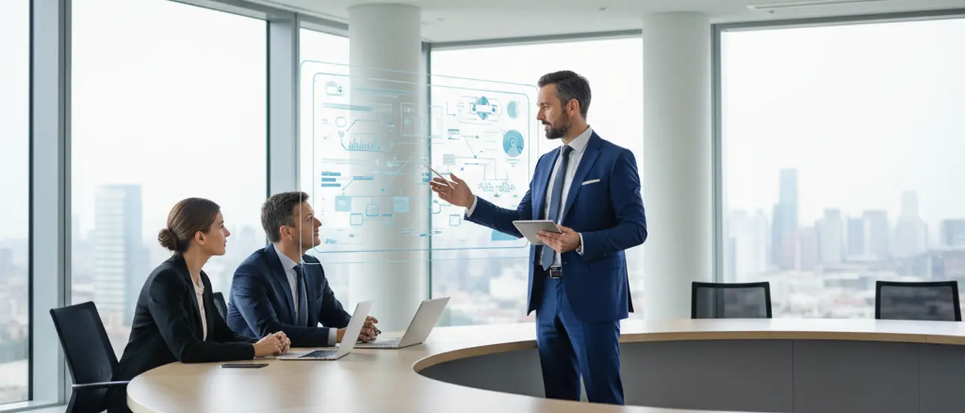 Consulente informatico italiano che analizza infrastruttura di rete su doppio monitor in un ufficio moderno