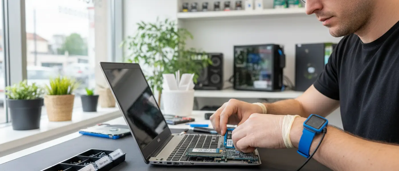 Technicien informatique remplaçant un SSD dans un PC portable démonté en atelier de réparation