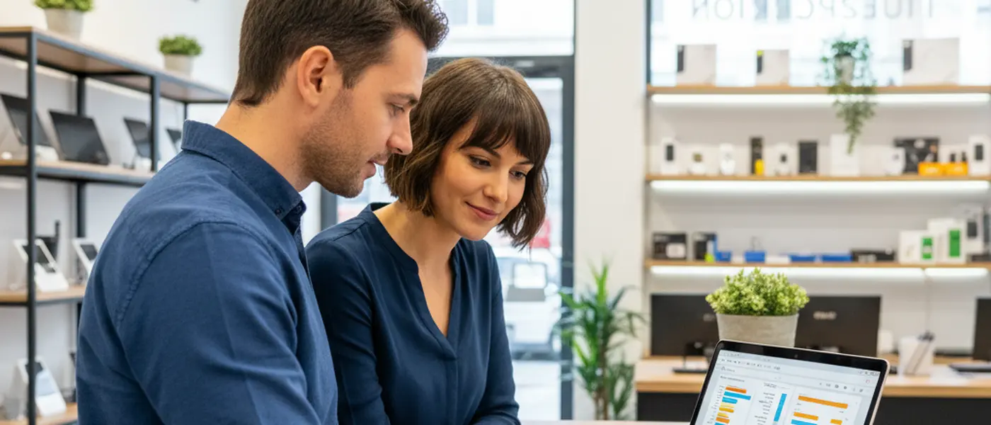 Client et réparateur informatique discutant devant un écran de diagnostic dans une boutique de réparation