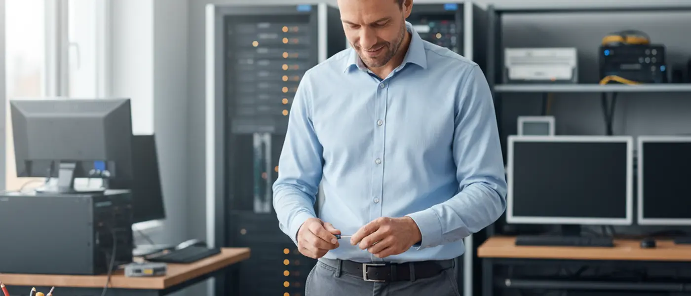 Réparateur informatique diagnostiquant une carte mère de PC portable avec un multimètre dans un atelier de réparation moderne