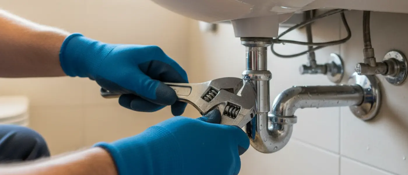 Plumber repairing copper pipework under a bathroom basin in a British home