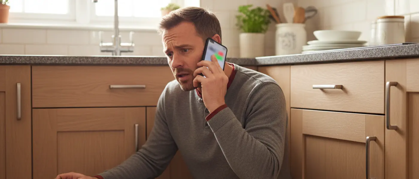 Homeowner turning a brass stopcock valve under a kitchen sink while holding a phone