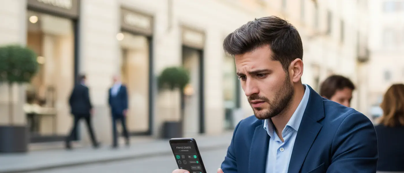 Professionista italiano controlla le impostazioni privacy sullo smartphone con uno smartwatch al polso