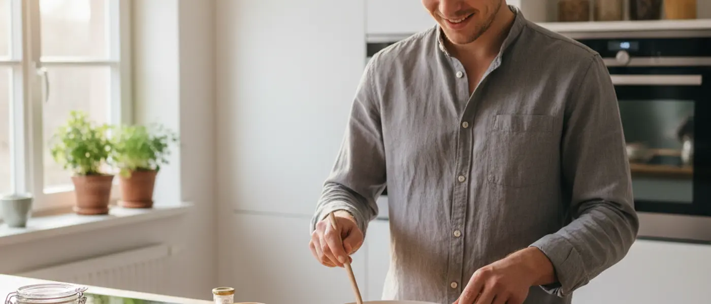 Person bereitet ein proteinreiches Frühstück mit Quark und Beeren in einer hellen Küche vor