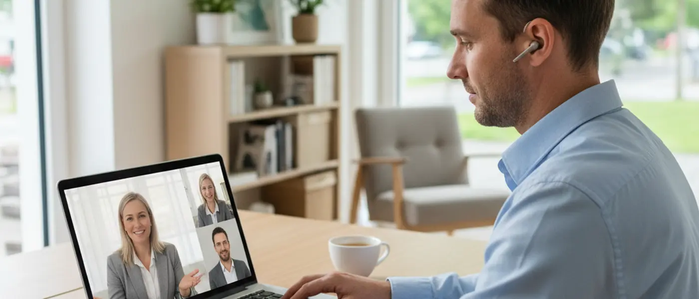 Person nutzt Laptop für eine Online-Videoberatung mit einem Fachberater im Homeoffice
