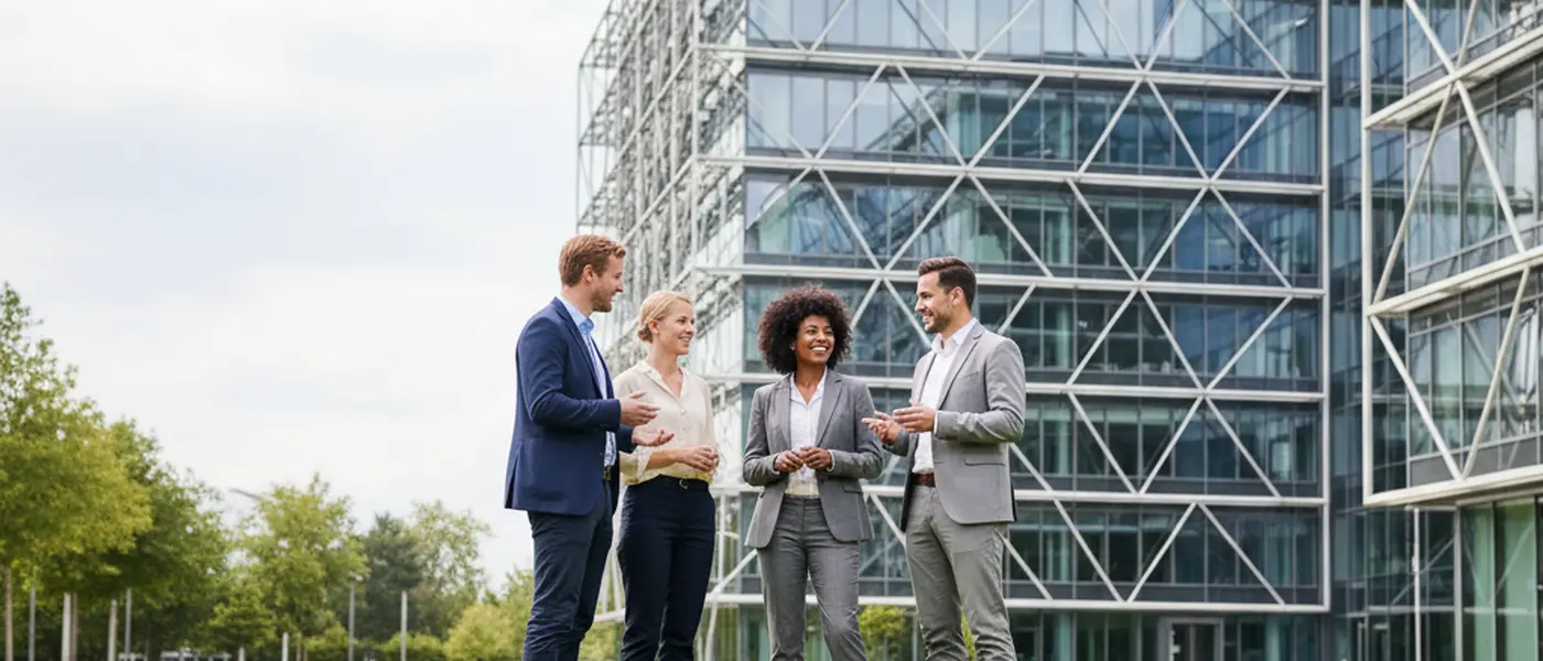 Deutscher Geschäftsexperte berät einen Klienten in einem modernen Büro mit Tageslicht