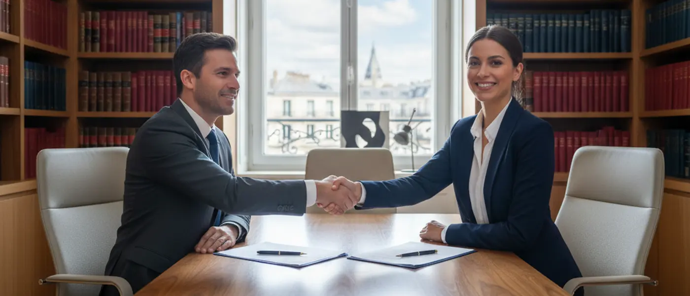 Advokat og klientpar i et moderne norsk advokatkontor diskuterer arvepapirer