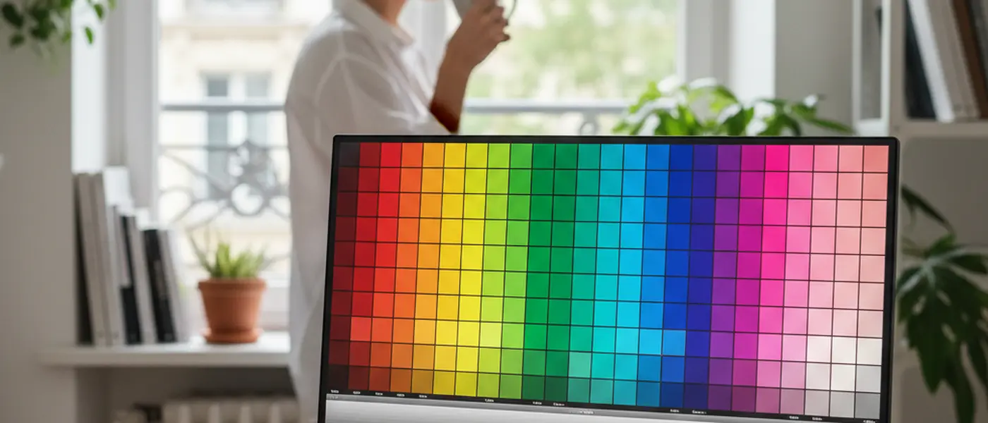 Écran moniteur QHD 27 pouces affichant une mire de calibration dans un studio de graphisme