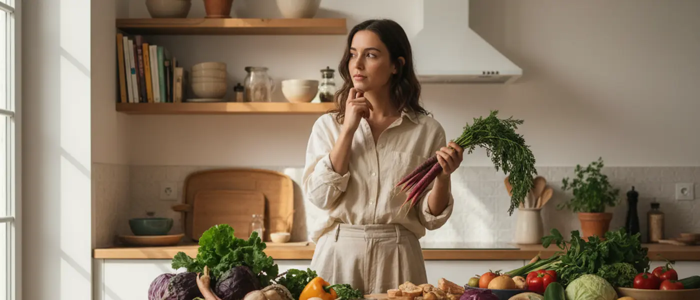 Femme française examinant des légumes et légumineuses dans sa cuisine, alimentation végétale