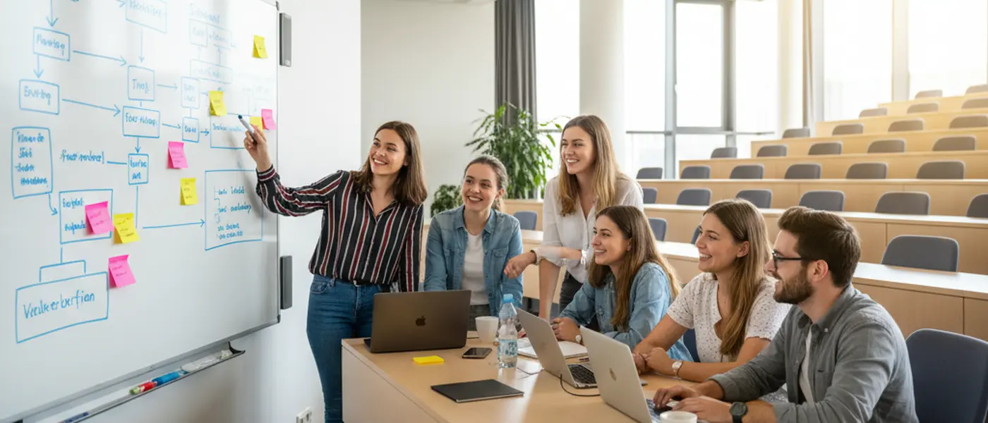 Studierende der Wirtschaftsinformatik arbeiten gemeinsam an einem Whiteboard mit UML-Diagrammen in einem modernen Hörsaal