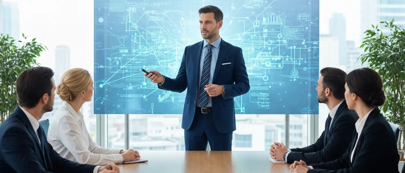 IT-Berater präsentiert eine Datenvisualisierung auf einem Bildschirm in einem Konferenzraum