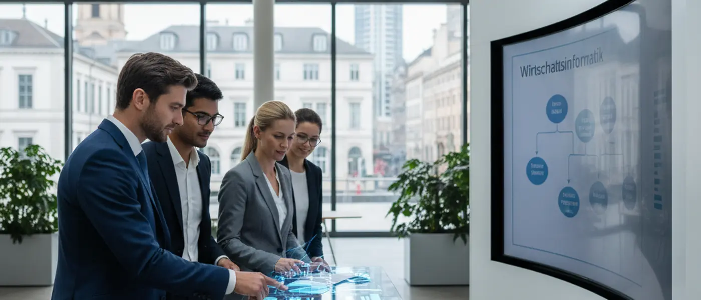 Junge Wirtschaftsinformatikerin arbeitet an einem Dual-Monitor-Arbeitsplatz mit Code und Business-Dashboards in einem modernen Büro