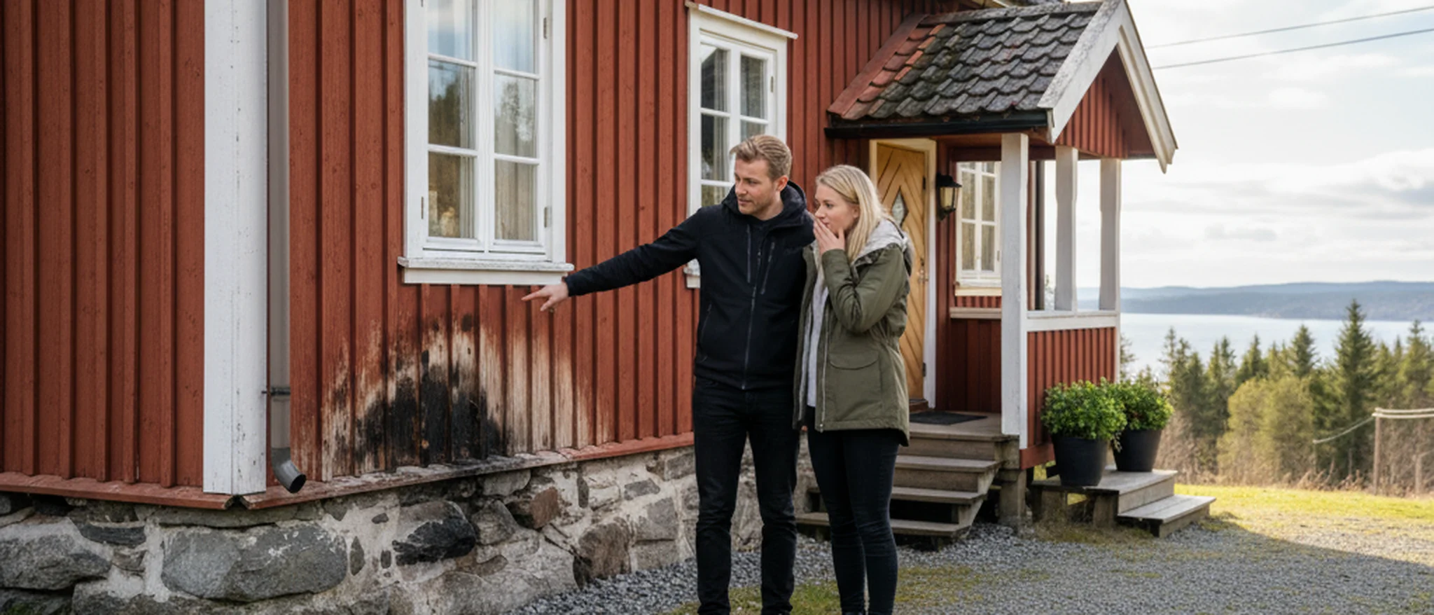 Norsk par undersøker fuktskader på grunnmuren til et trehus