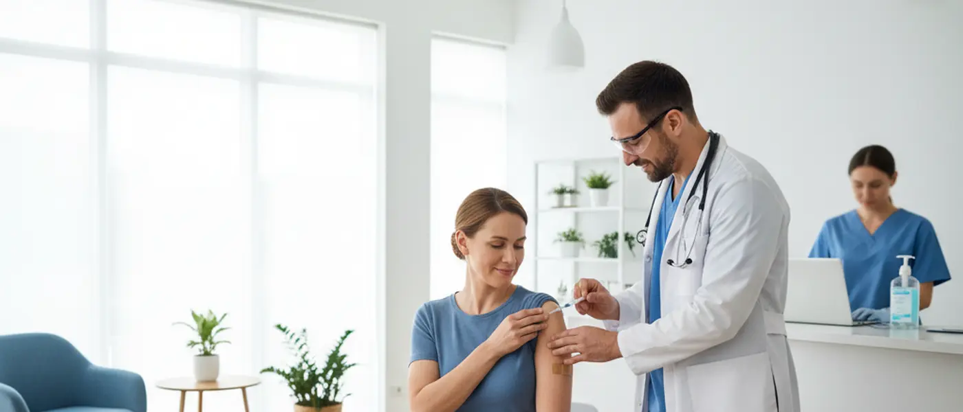 American doctor administering a vaccine to an adult patient in a medical clinic