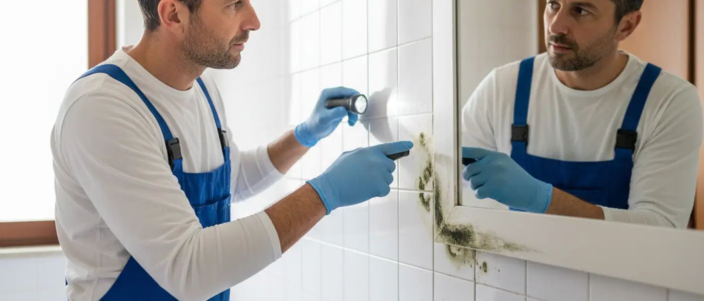 Imbianchino professionista che ispeziona una parete con tracce di umidità in un bagno italiano