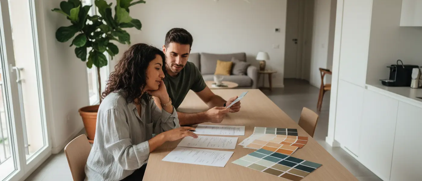 Coppia italiana che confronta preventivi e campioni di colore su un tavolo da cucina
