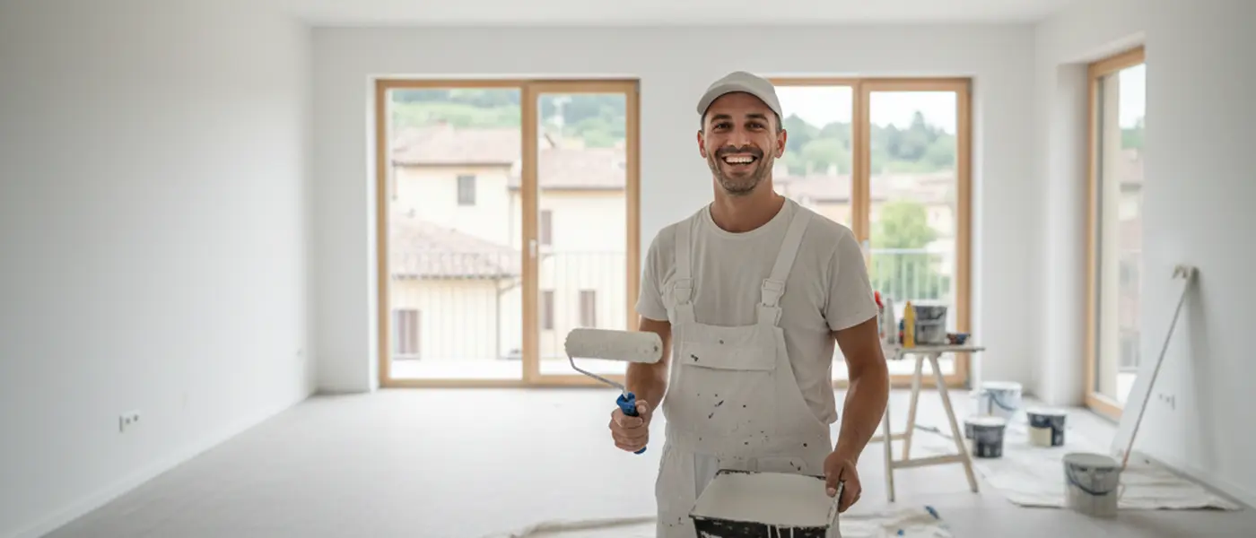 Imbianchino professionista che tinteggia una parete di soggiorno in un appartamento a Torino