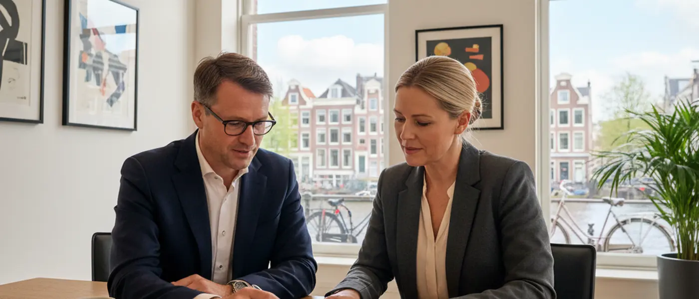 Twee zakenpartners bekijken een aandeelhoudersovereenkomst aan een bureau in een Nederlands advocatenkantoor