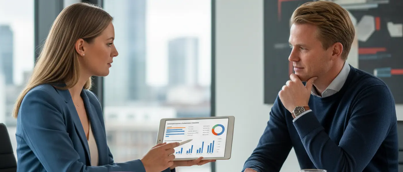 Advocaat toont juridische kosten op een tablet aan een Nederlandse ondernemer in een vergaderruimte