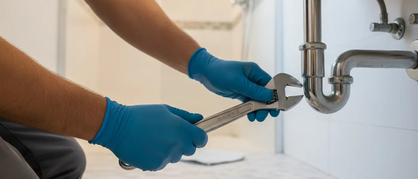 Canalizador a apertar ligação de tubo de cobre sob lavatório numa casa portuguesa