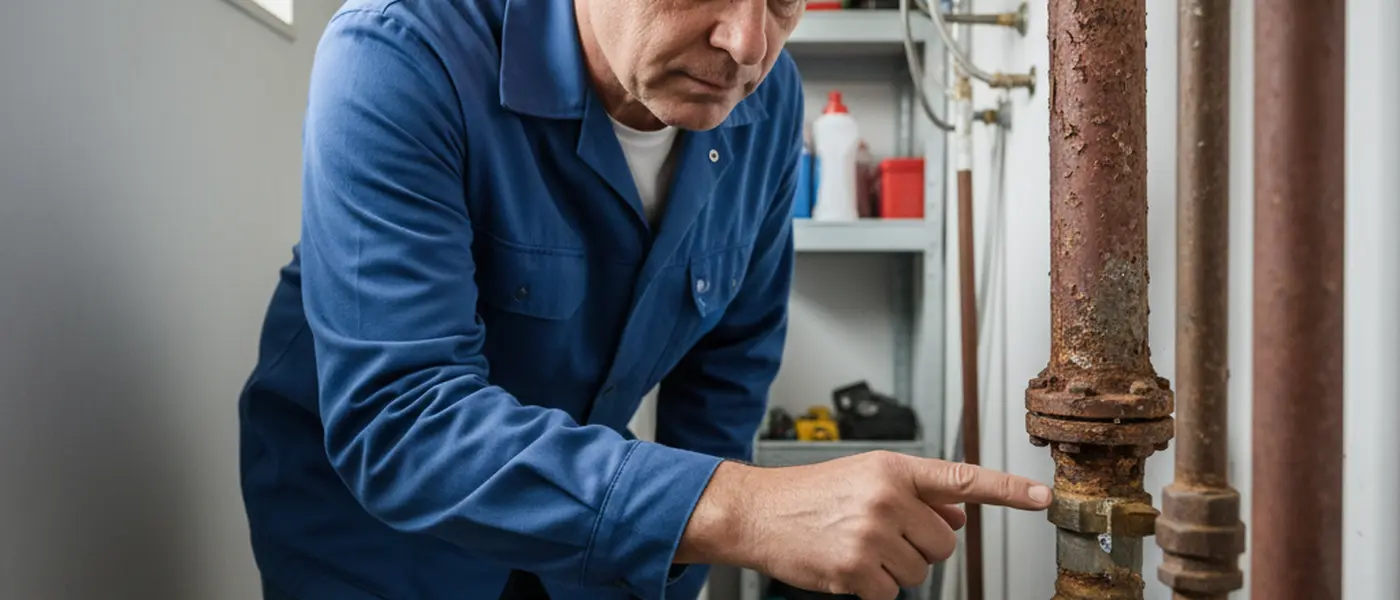 Proprietário a inspecionar tubagens de ferro galvanizado com sinais de corrosão numa arrecadação
