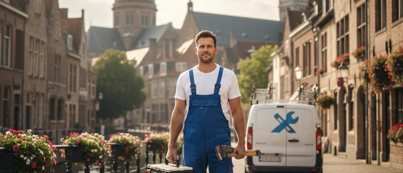 Canalizador profissional a reparar tubagem numa cozinha portuguesa com ferramentas de trabalho