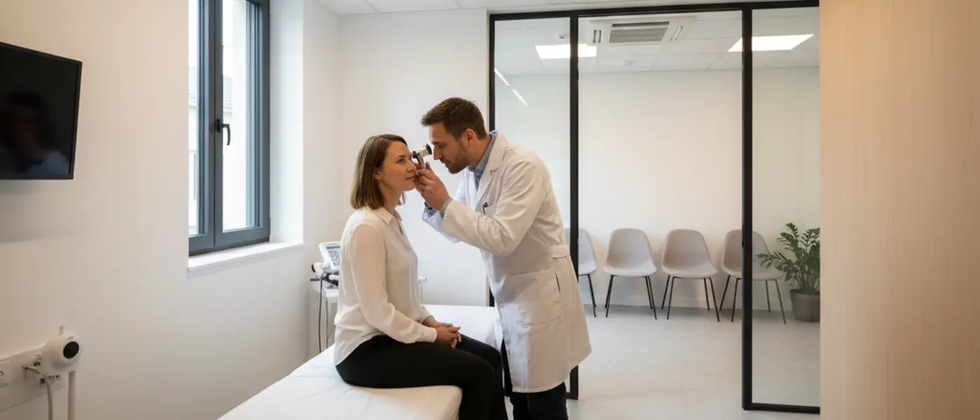 Médecin généraliste examinant un patient dans une maison médicale de garde en France