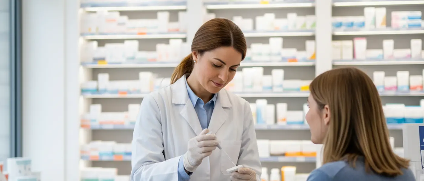 Pharmacienne réalisant un test rapide d'orientation diagnostique au comptoir d'une officine française