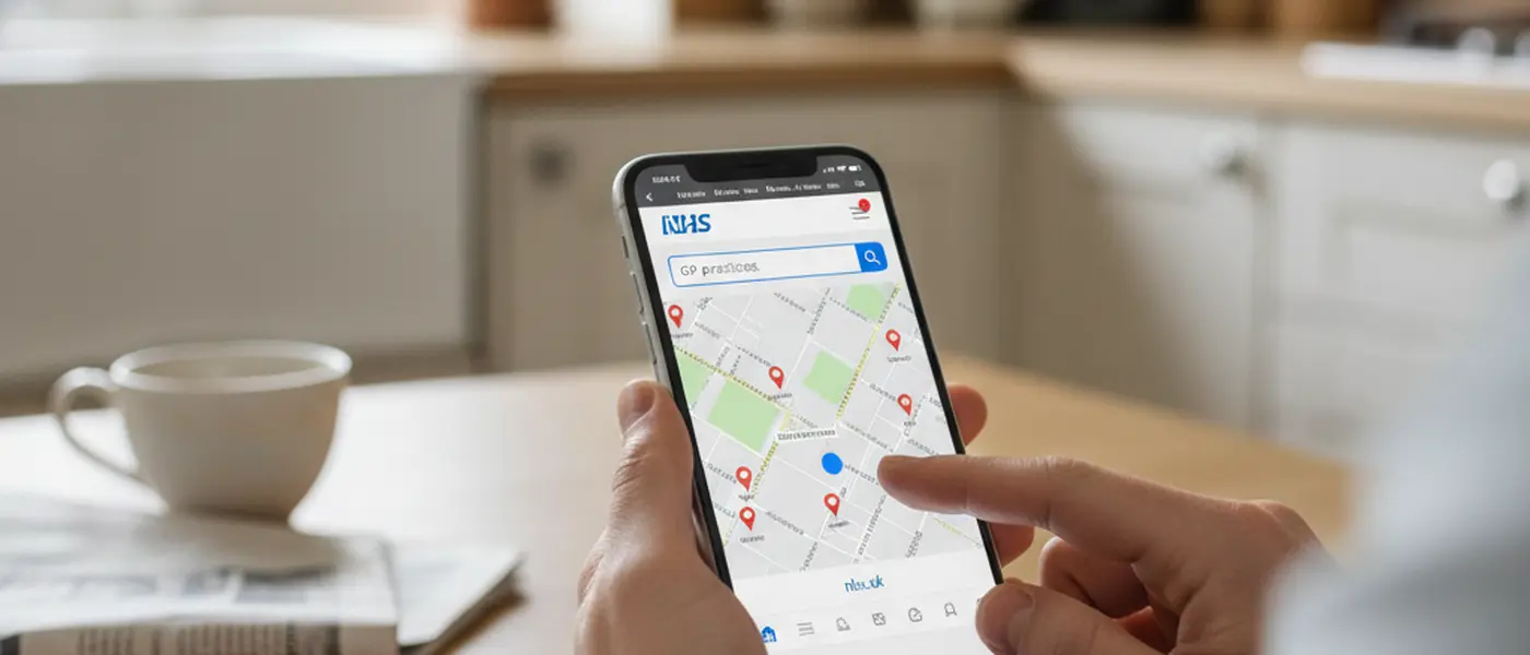 Person searching for GP practices on a smartphone, NHS website showing a map of nearby surgeries