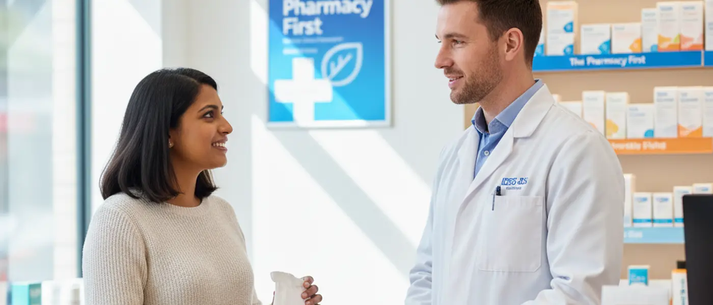 British pharmacist consulting a patient at a pharmacy counter in a modern UK setting